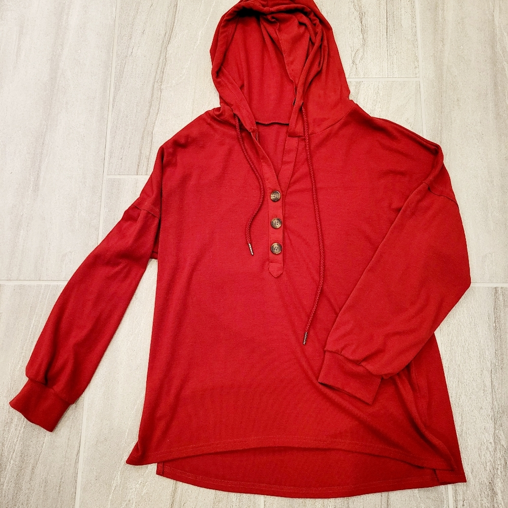 😁Maroon Quarter Button Up Long Sleeve Light Weight Hoodie, Relaxed Fit, Size M
